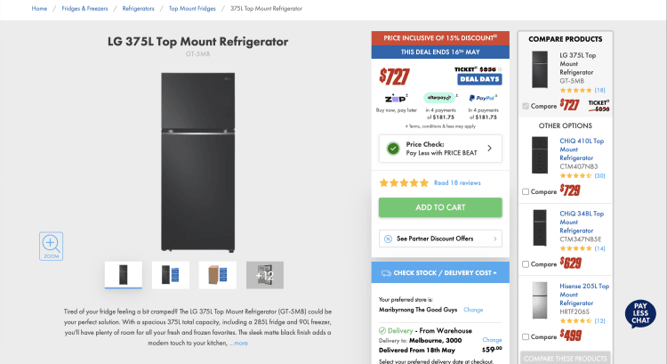 The Good Guys: LG 375L Top Mount Refrigerator (GT-5MB) – $727 -> $717 with Price Beat